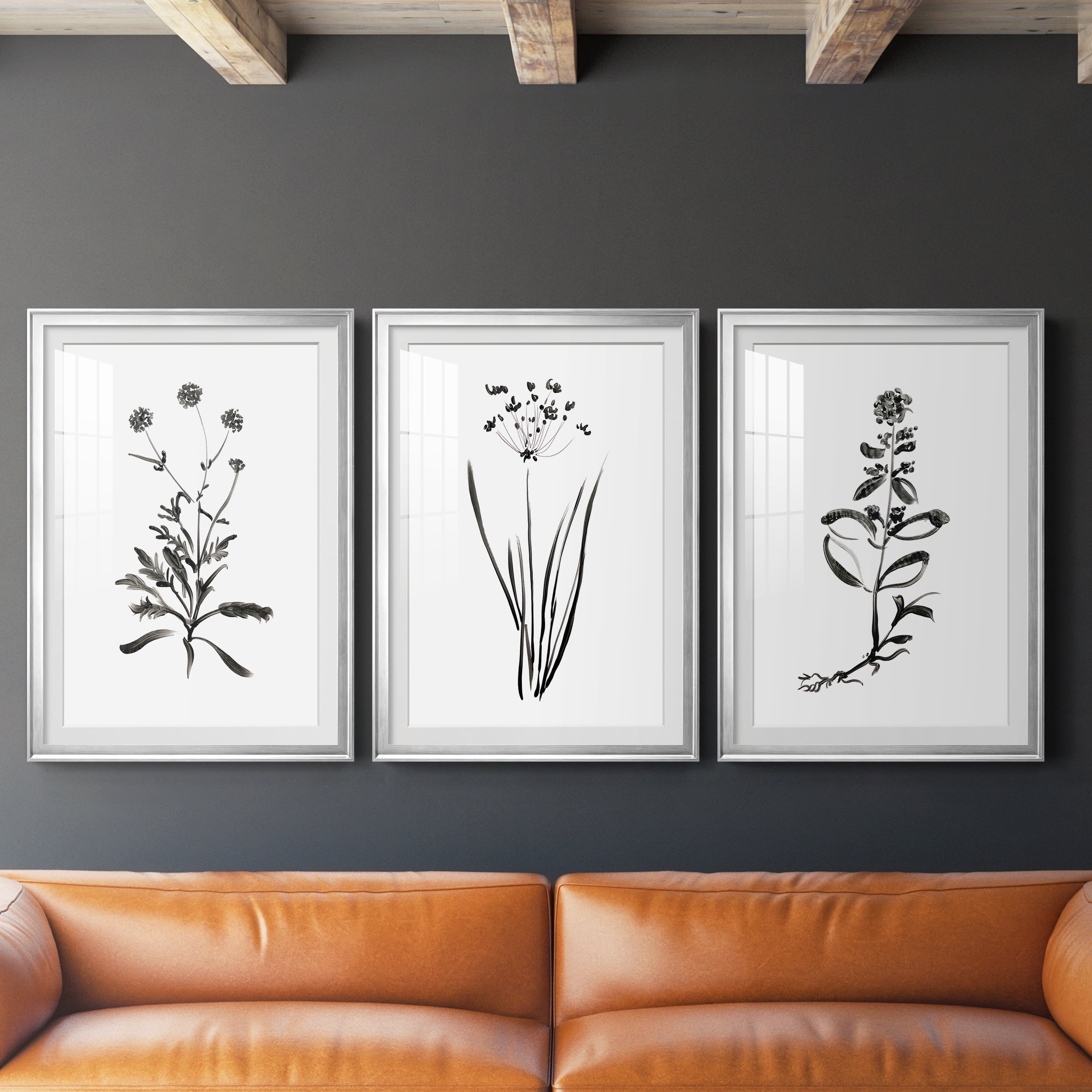 Inky Botanical I Premium Framed Prints Set of 3 - Ready to Hang - 30.5 x 42.5 Each - Silver Frame