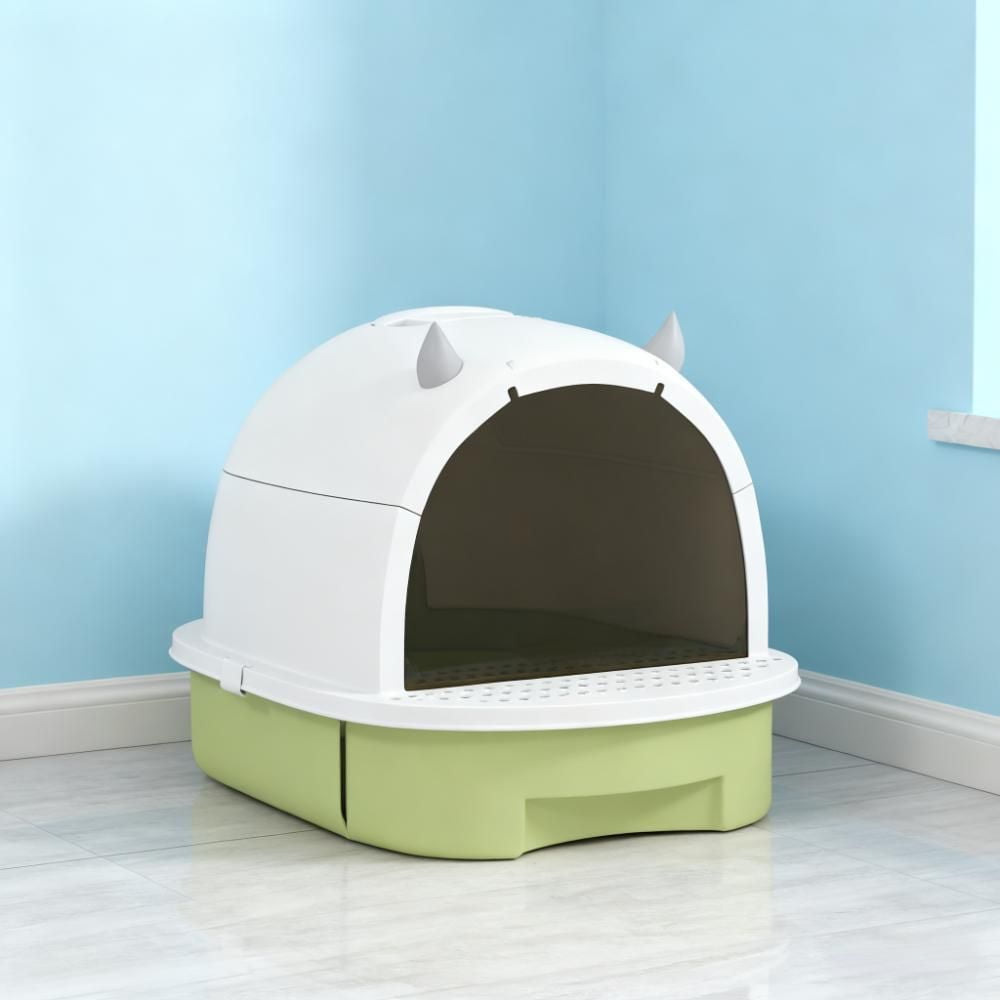 LUMAMIN Cat Litter Box, Cute Arched Litter Boxes with Lid, Scoop, Deodorizing Bags, Odor Control and Litter Retention Pedal for Cats under 10 lbs,  15.9" x 20.5" x 15.4" inches, Green White
