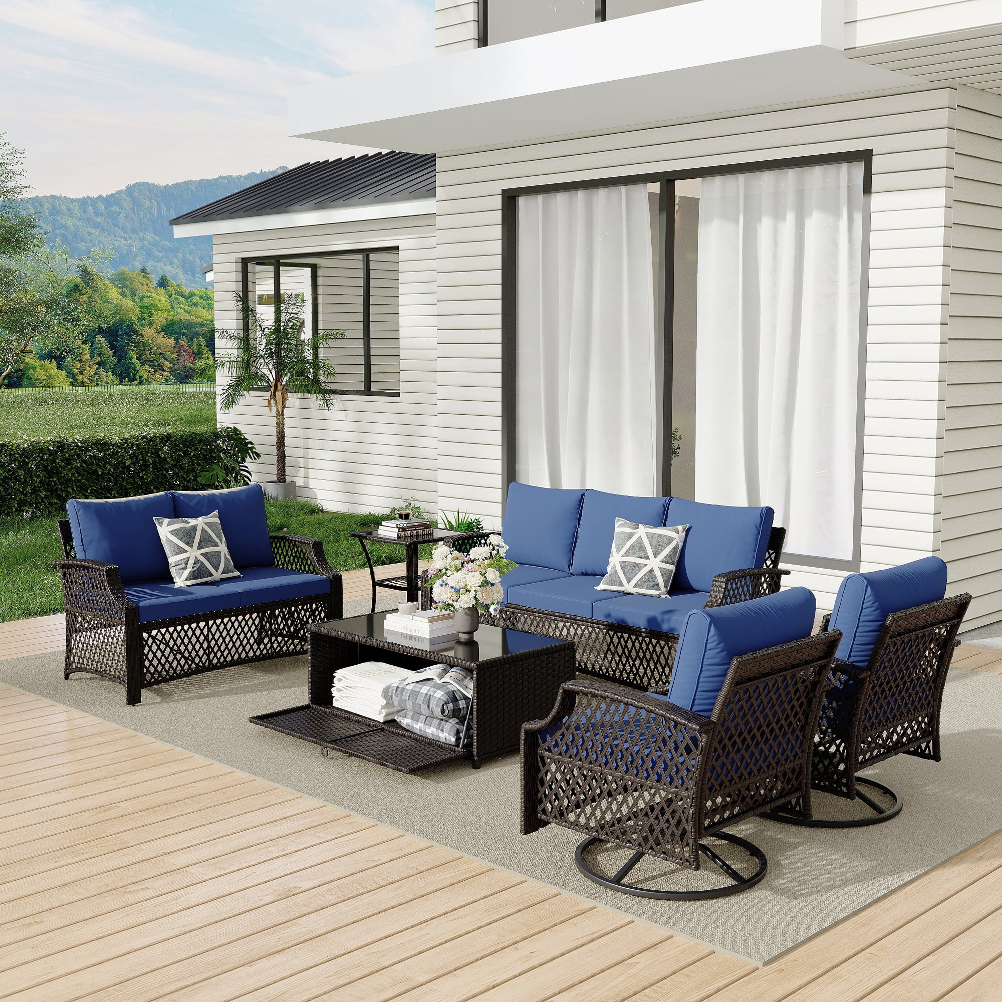 Vicluke 6 Piece Patio Furniture Set, Wicker Outdoor Conversation Sofa Set with Swivel Chairs, Loveseat, Storage Coffee Table, Rattan Outdoor Sectional for Deck Backyard Porch（7 Seats, Navy Blue)