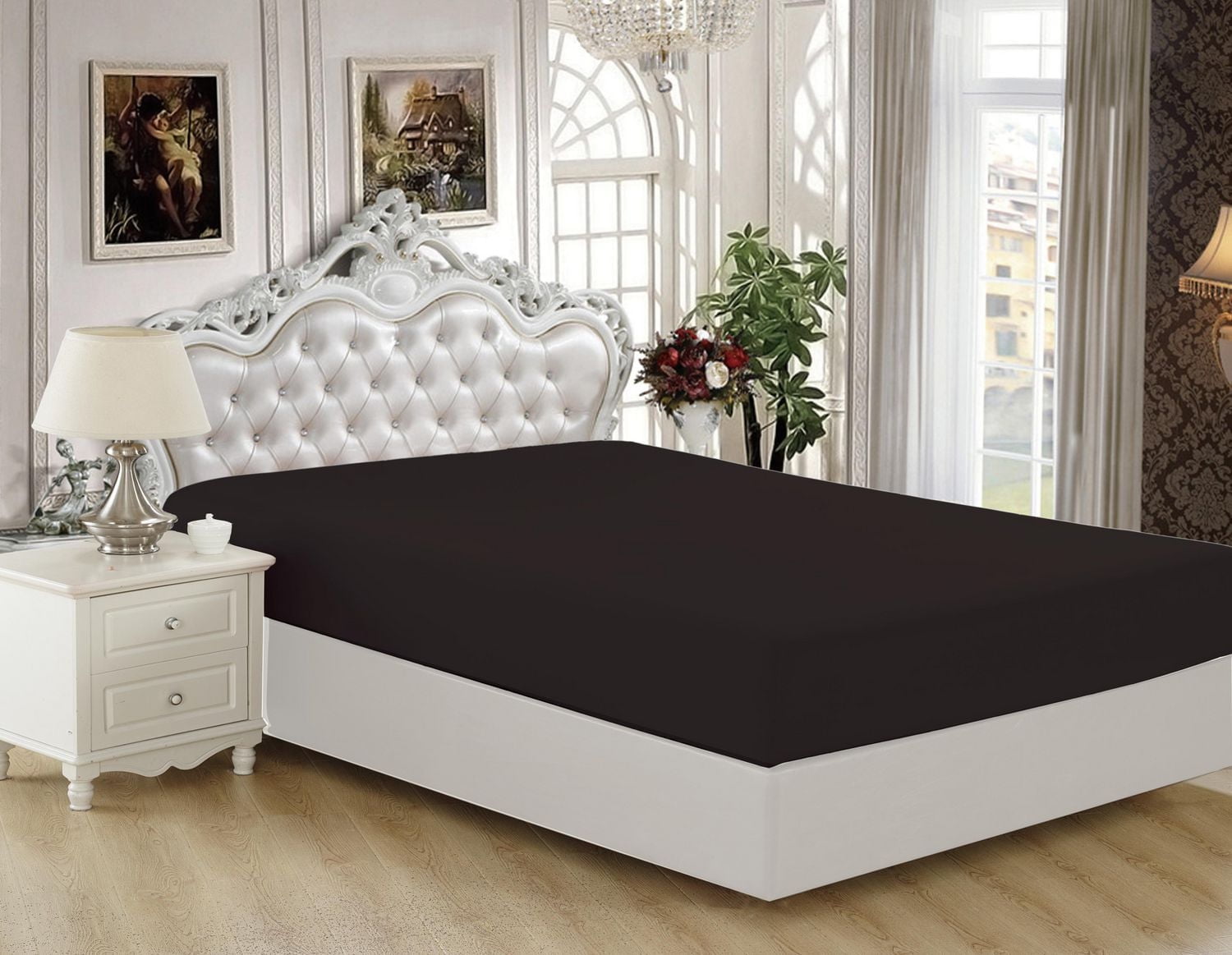 Drap-housse en bambou massif ultra doux et soyeux à poche profonde, couleur noire, pour toutes les saisons