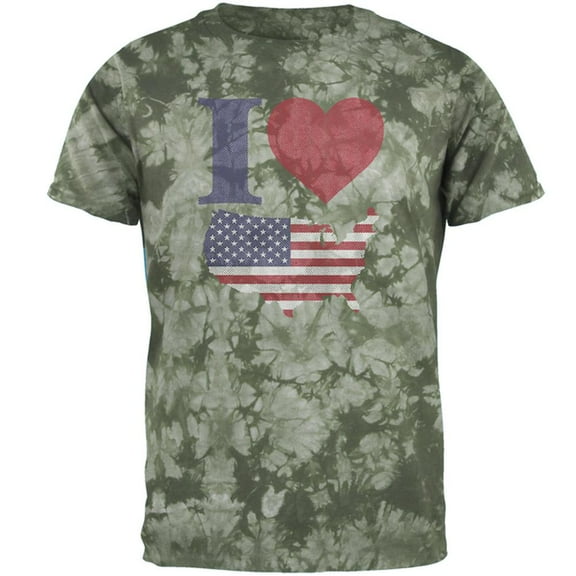 4th of July I Heart Love America Halftone Mens T Shirt Crackle Moss Tie Dye 2XL