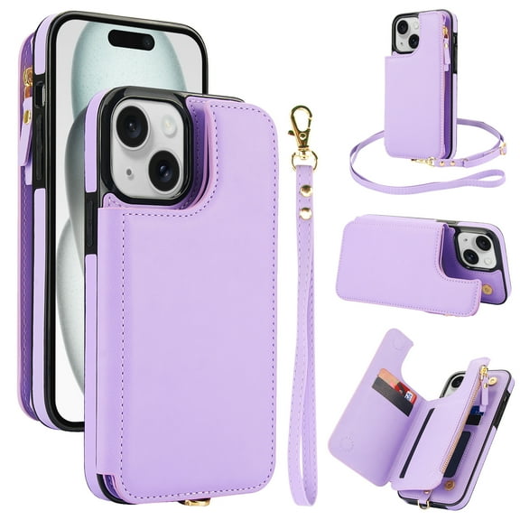 Wallet Case for Apple iPhone 14, with Crossbody Shoulder Strap & Hand Wrist Cards Holder Zipper Pocket Stand Feature Full Protective Shockpoof Phone Case for iPhone 14, Lightpurple