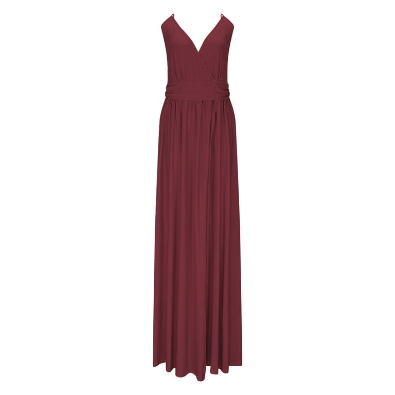 Lovzfmll Womens Summer Dress 2025 Spaghetti Strap Casual Split Beach Vacation Flowy Maxi Sundress Cocktail Prom Long Dress Dark Red L