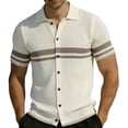 thumbnail image 2 of Men's Casual Lapel Shirt Acrylic Knit, Short Sleeve Shirt Breathable Comfort, Notch Lapel Regular Fit Button Closure, Stripe Texture Full Button Front, Daily Office | Zenithor,Khaki S, 2 of 6
