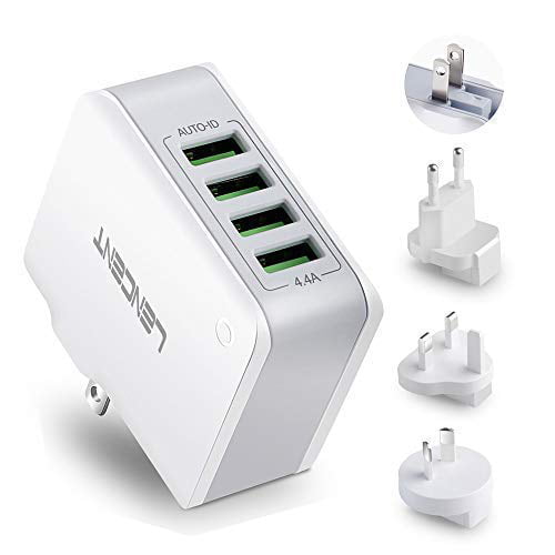 International Block Cube Plug for iPhone & IPad LENCENT 4 Port USB Travel Power Adapter 22W/4.4A All in One Worldwide Cell Phone Charger With UK US EU European Australia Multiple USB Wall Charger, 