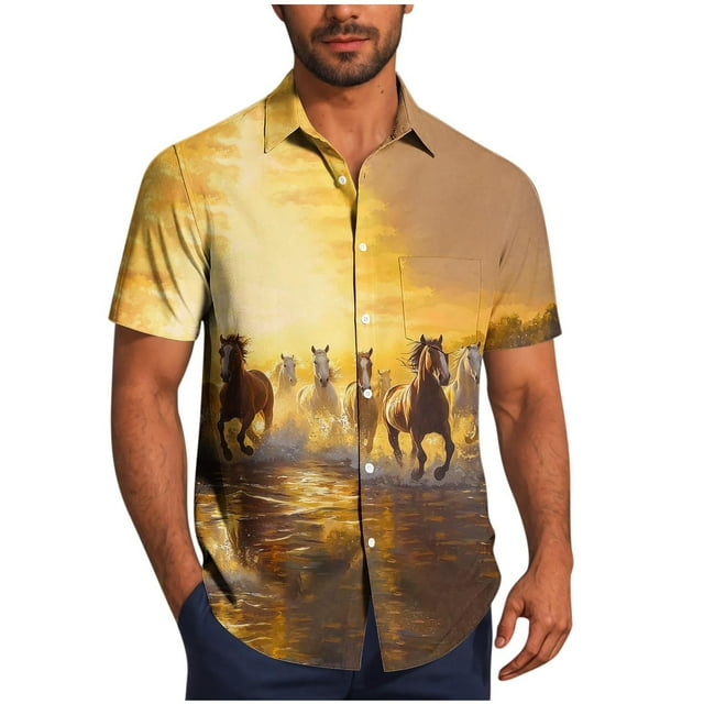 Mens Casual Manga Corta Botón Abajo Camisas Turndown Cuello Blusa de Impresión, Poliéster Ligero Top de la Moda para el Verano Al Aire Libre Y el Uso Diario