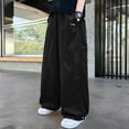 thumbnail image 2 of LIIPEE Girl Boy Casual Pants Solid Color Baggy Elastic Waist Drawstring Straight Wide Leg Trousers With Pockets Girls Versatile Picnic Pants,Black,6-7 Years, 2 of 5