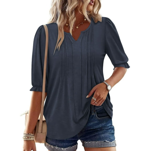 LADIGASU Women Sexy Short Sleeve Sequins Loose Polluer Solid V-Neck Blouse Shirt