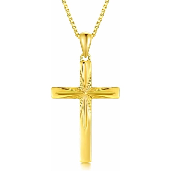 14K Solid Gold Cross Necklace With Durable Box Chain, Sparkling Gold Italian Diamond-cut Crucifix Cross Pendant Religious Confirmation Jewelry for Women 18" Gold Box Chain
