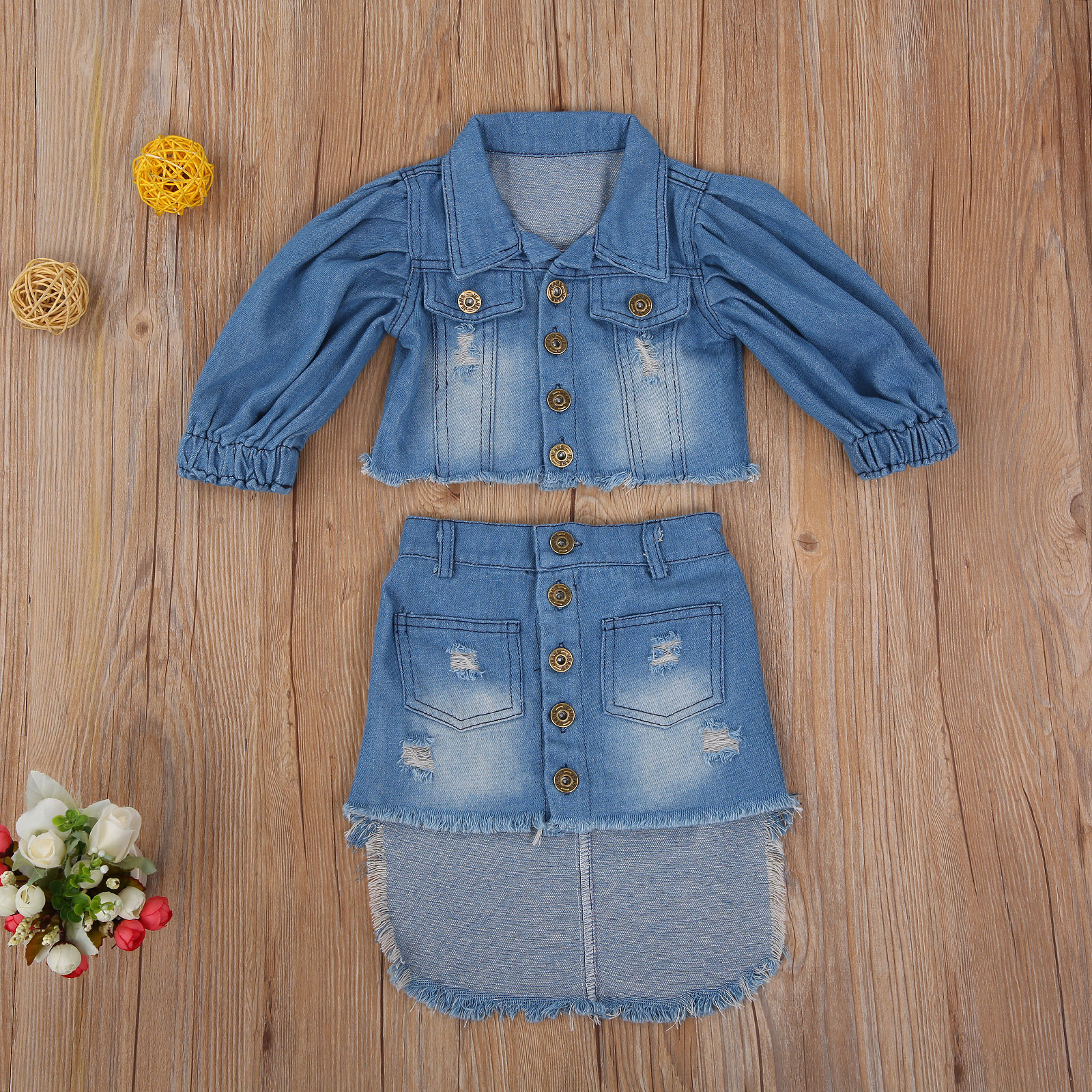 Seyurigaoka Kids Two- piece Clothes Set, Girls Blue Puff Sleeve Open Front Denim Jacket - image 2 of 5