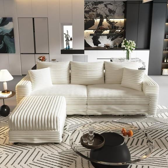 82.7" Oversized Corduroy Loveseat Sofa with Ottoman, Comfy 3-Seater L-Shaped Modular Sectional Sofa with Soft Pillows, Modern Upholstered Cloud Couch with Deep Seat for Living Room