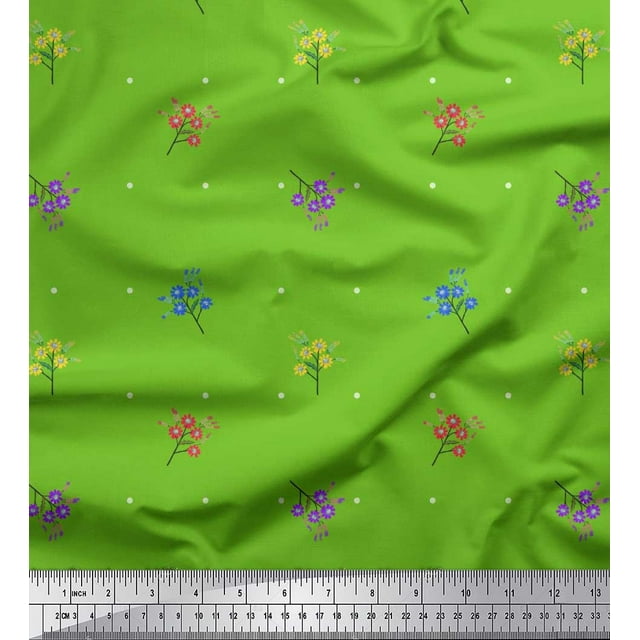 Soimoi Green polyester Crepe Fabric Dot & Floral Artistic Fabric Prints By Yard 42 Inch Wide