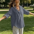 thumbnail image 5 of hoksml Women's Cotton Linen V Neck Blouse, Roll-Up Sleeve Henley Casual Shirt, Loose Fit Top for Daily and Office Wear, 5 of 9
