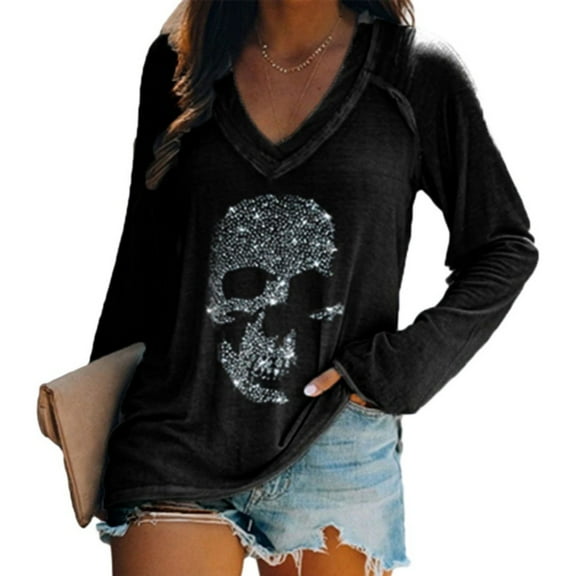 Women's Rhinestone Skull Tank Tops, Long Sleeve Spring Autumn V Neck Sleeveless Shirts Tops, S-2XL
