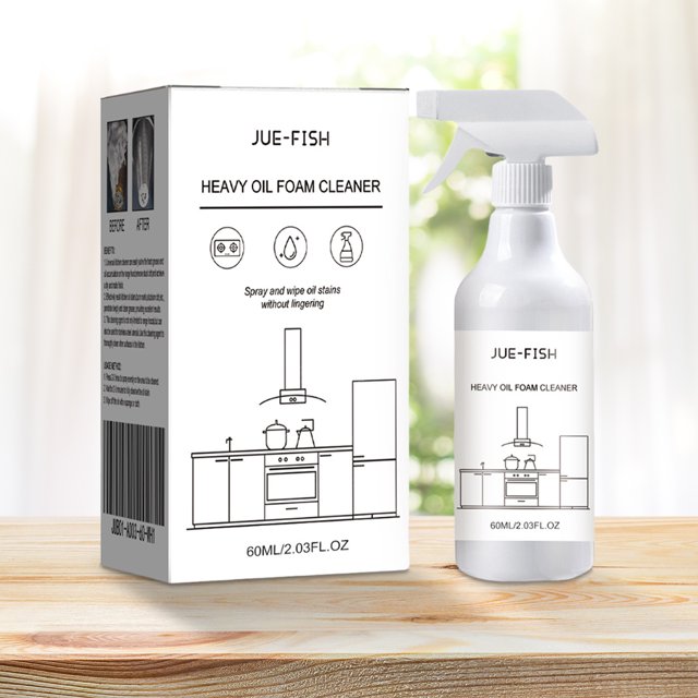 spray de espuma contra salpicaduras de 60ml, limpiador multiusos de espuma para aceite pesado con esponja y paño — botella blanca con gatillo pulverizador y etiqueta que muestra ilustración lineal de cocina y texto 'HEAVY OIL FOAM CLEANER', caja blanca con pictogramas al lado; 60 ml, importado. Adecuado para parrillas y hornos y frecuentemente usado para desengrasar utensilios pequeños.