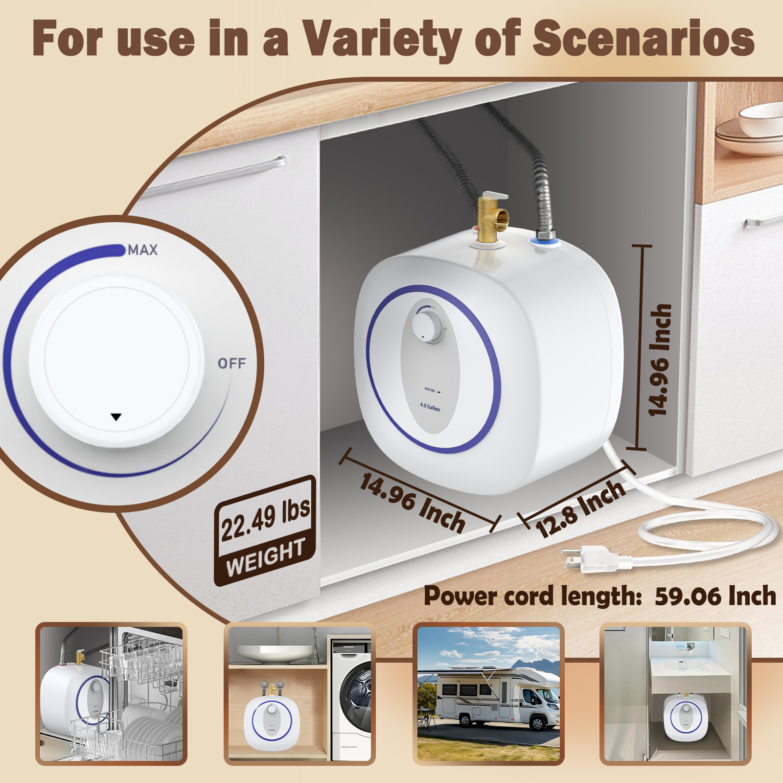 Mini Tank Water Heater Electric, 4 Gallon Point of Use Instant Hot Water for Under Sink, Food Truck, Kitchen, RVs, Wall or Floor Mounted, 120V, 1440W