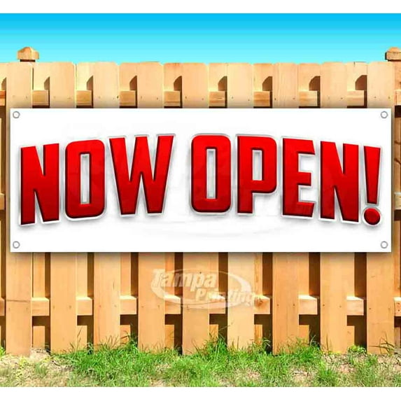 Now Open Red Arc 13 oz Vinyl Banner With Metal Grommets