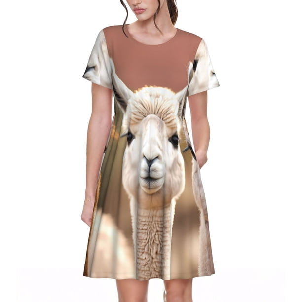 Disketp Cute Alpaca in Daze para Vestido de Manga Corta para Mujeres, Vestidos de Verano para Mujeres, Casual y Holgado para la Playa