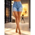 thumbnail image 3 of Women's High‑Rise Denim Shorts, Light Blue Distressed Wash Ripped Shorts with Triple Button Closure & Frayed Hem, Sizes 6-20, 3 of 7