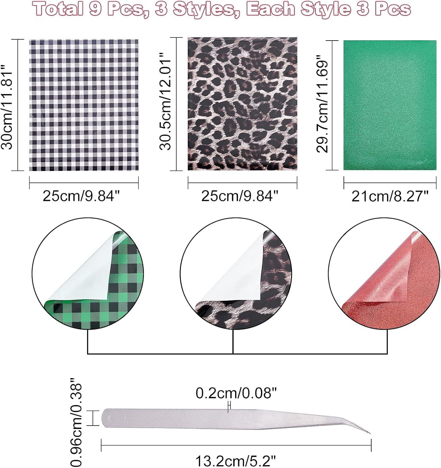 1 Set 9 Sheets Heat Transfer Vinyl 3 Styles HTV Iron-on Vinyl Patches Glitter Heat Transfer Press Vinyl Sheets with Tweezers for T-Shirts Gifts Garment Fabric