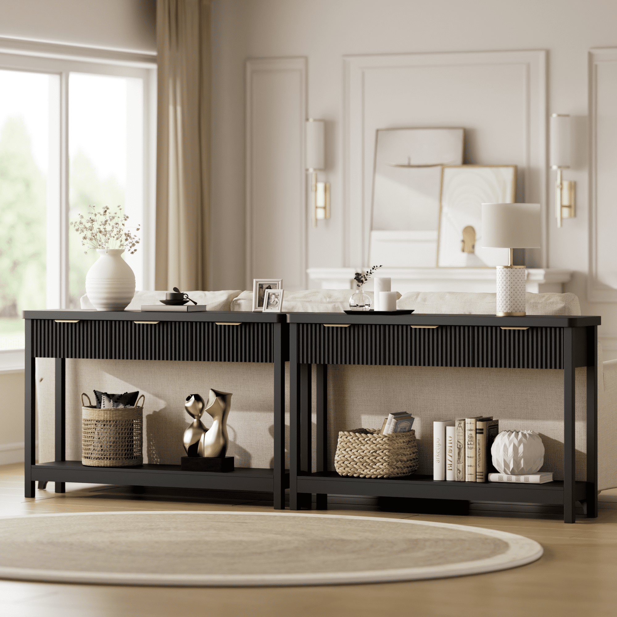 Aufeile 51" Console Table, Fluted Entryway Table with 3 Storage Drawers and Open Shelf, Narrow Sofa Table for Living Room, Hallway, Behind Couch, Black