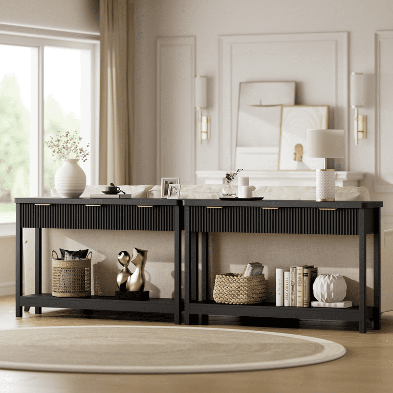 Aufeile 51" Console Table with Fluted Design and Drawers, Black photo 4