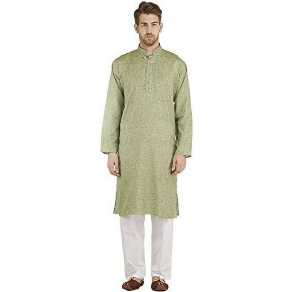 Exotic India Plain Khadi Kurta - Color Fair Aqua Size 42
