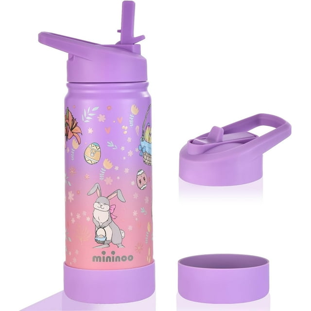 mininoo Kids Water Bottle, 16oz Girls Water Bottle for School with Straw Lid, Gifts for Kids, Cute Bunny & Egg Design