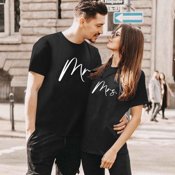 FASHOFT Couples Tshirt for Men Love Hearts Letter Print Tee Top Valentines Day Matching Shirts for Couple Black L