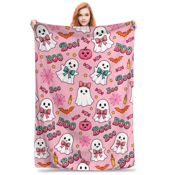 Ghost Blanket, Cute Halloween Throw, Pink Pumpkin and Bow Print, Flannel Blanket for Couch and Bed 50x40