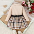 thumbnail image 5 of GYRATEDREAM Toddler Baby Girls Skirt 3Pcs Set Little Kids Lapel Long Sleeve Pit Strip Ribbed T Shirt Top Plaid Pleated Mini Skirt with Belt Outfits Fall Winter Clothes for 12 Months-5 Years Beige, 5 of 8