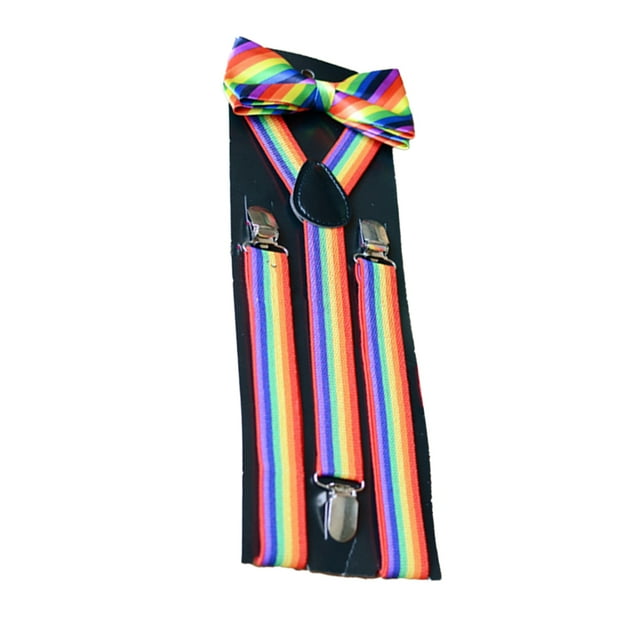 tamizeot Suspender Bow Tie Rainbow Adjustable Braces Stripe Pattern Shoulder Straps dark rainbow