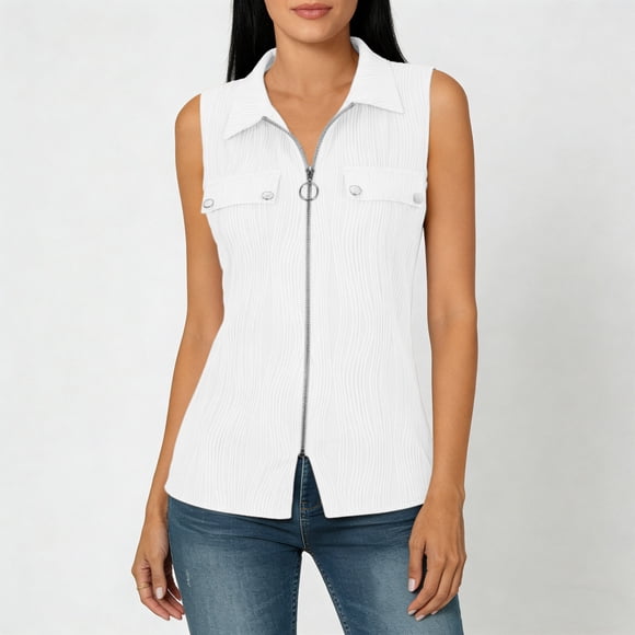 Abcnature Women's Sleeveless Zip Up Shirt Collared V Neck Button Down Blouse Tops Solid Color Ribbed Tank Tops