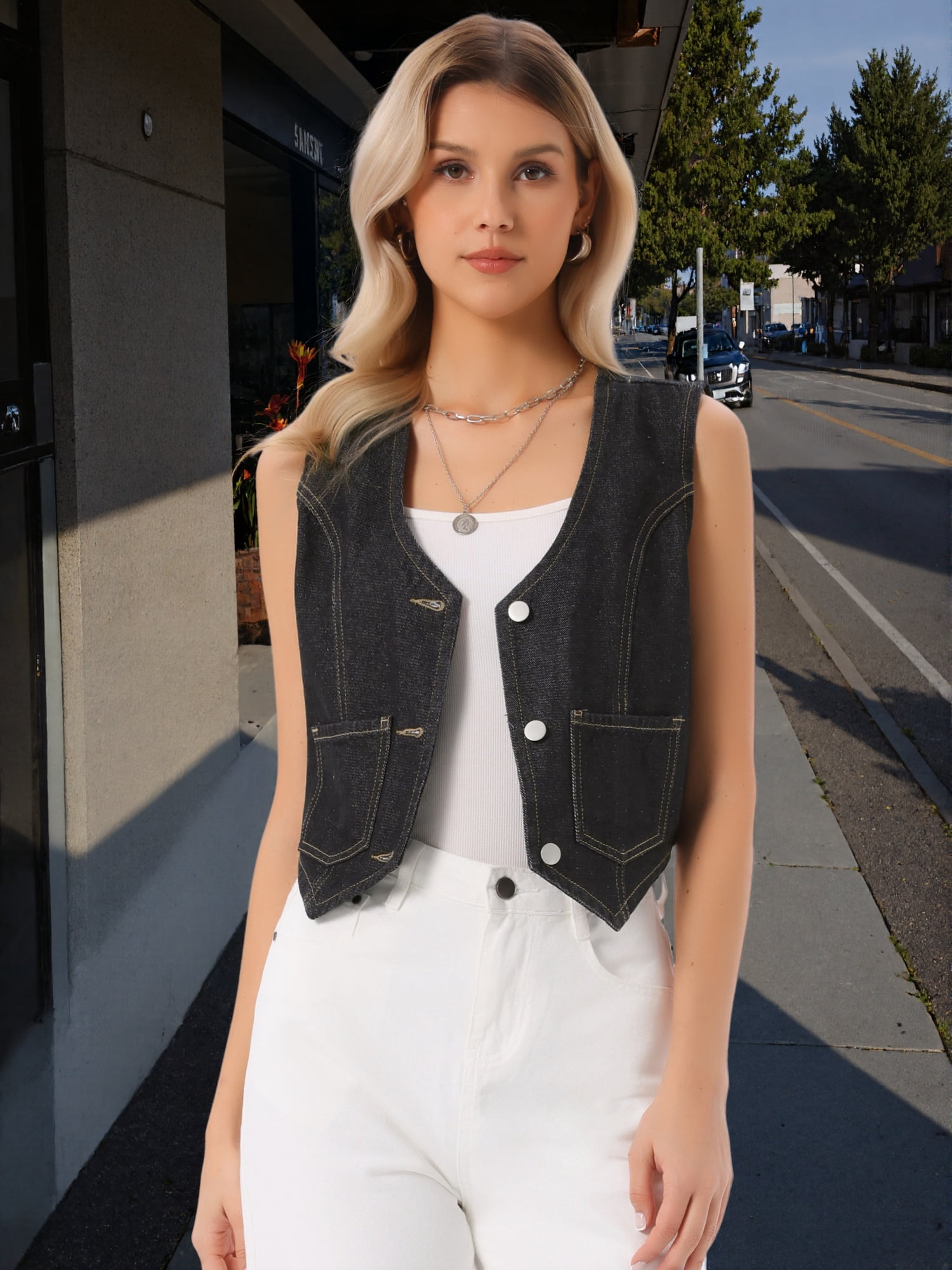 DARING DIVA Women's Denim Vest Sleeveless Button Down Cropped Waistcoat L Black