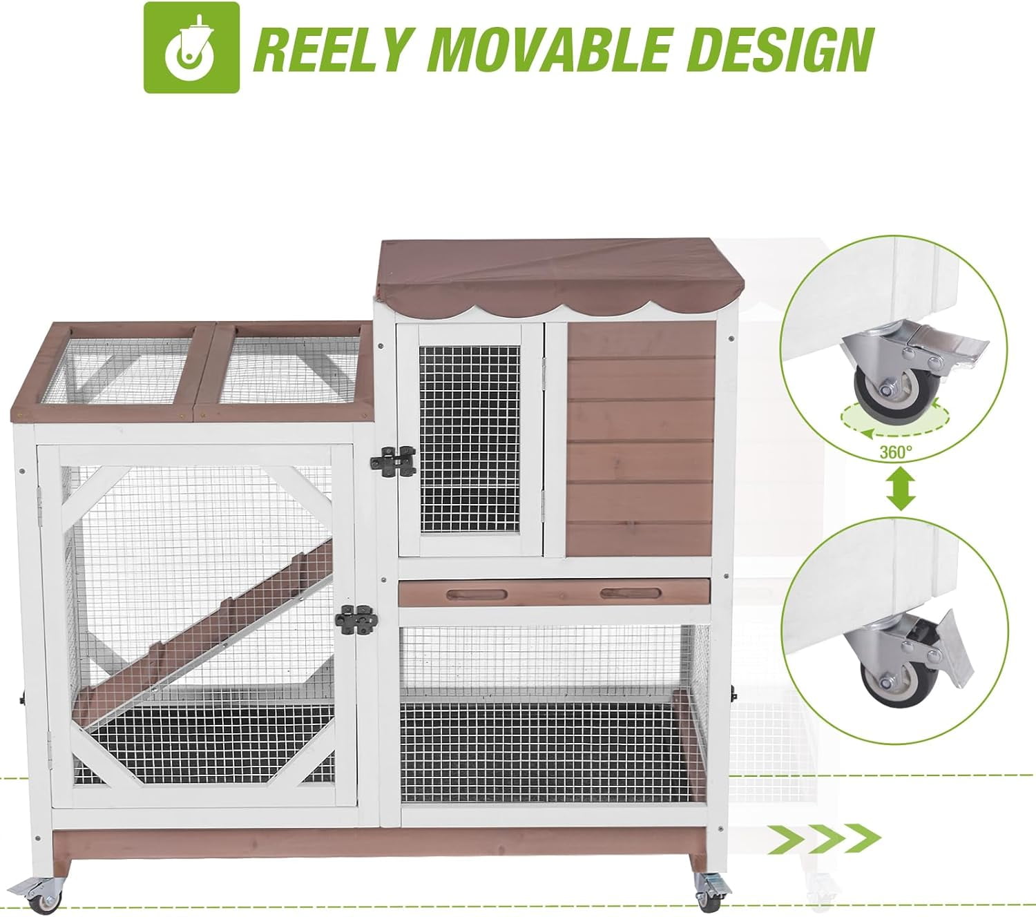 Aivituvin 2-Story Rabbit Hutch with Wheels, Indoor Outdoor Wooden Rabbit Cage with Ramp & Leak-Proof Trays for Rabbits & Guinea Pigs, Brown