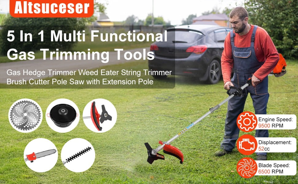 Floseru 52cc 2-Cycle Gas Weed Eater Gas Powe, 5-in-1 Gas Weed Wacker, Brush Cutter Gas Trimmer for Grass and Weed, Hedge Trimmer Gas String Trimmer, Edger, Pole Saw & Pruner