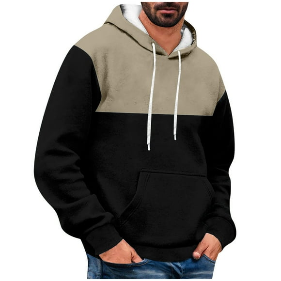 BADHUB Men's Color Block Hoodies Fleece Long Sleeve Sweatshirt Fashion Patchwork Drawstring Hooded Tops Winter Essentials Clearance Black,XL
