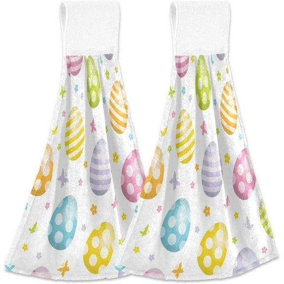 SKYSONIC Easter Egg Spring 2Pcs Kitchen Hanging Towel Set Hand Hanging Towels with Hanging Loop, Absorbent Bathroom Hand Towel Soft Thick Dish Cloth Dry Towel for Kitchen Bathroom, 12"x17"