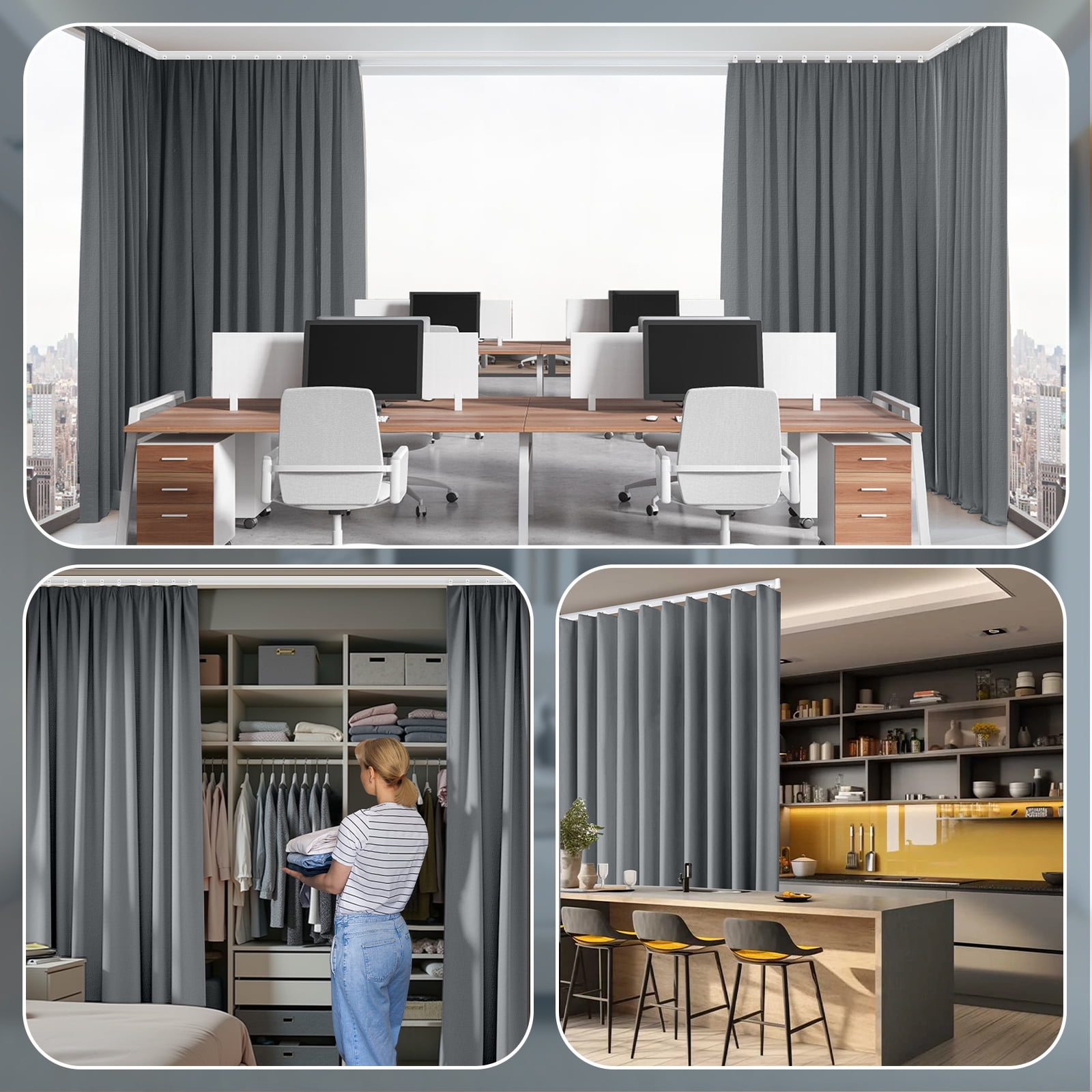 DONGPAI Room Divider Curtains Blackout Privacy Curtain Flexible Ceiling Track Thermal Insulated Noise Reduction Curtains for Living Room Bedroom Partition Separator, 1 Panel, Gray, 100"x 84"