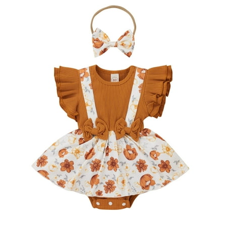 

Baby Girls Bodysuits Ruffles Flyleeve Leopard Floral Printed Romper Bowknot Ribbed Bodysuits Headbands Outfits