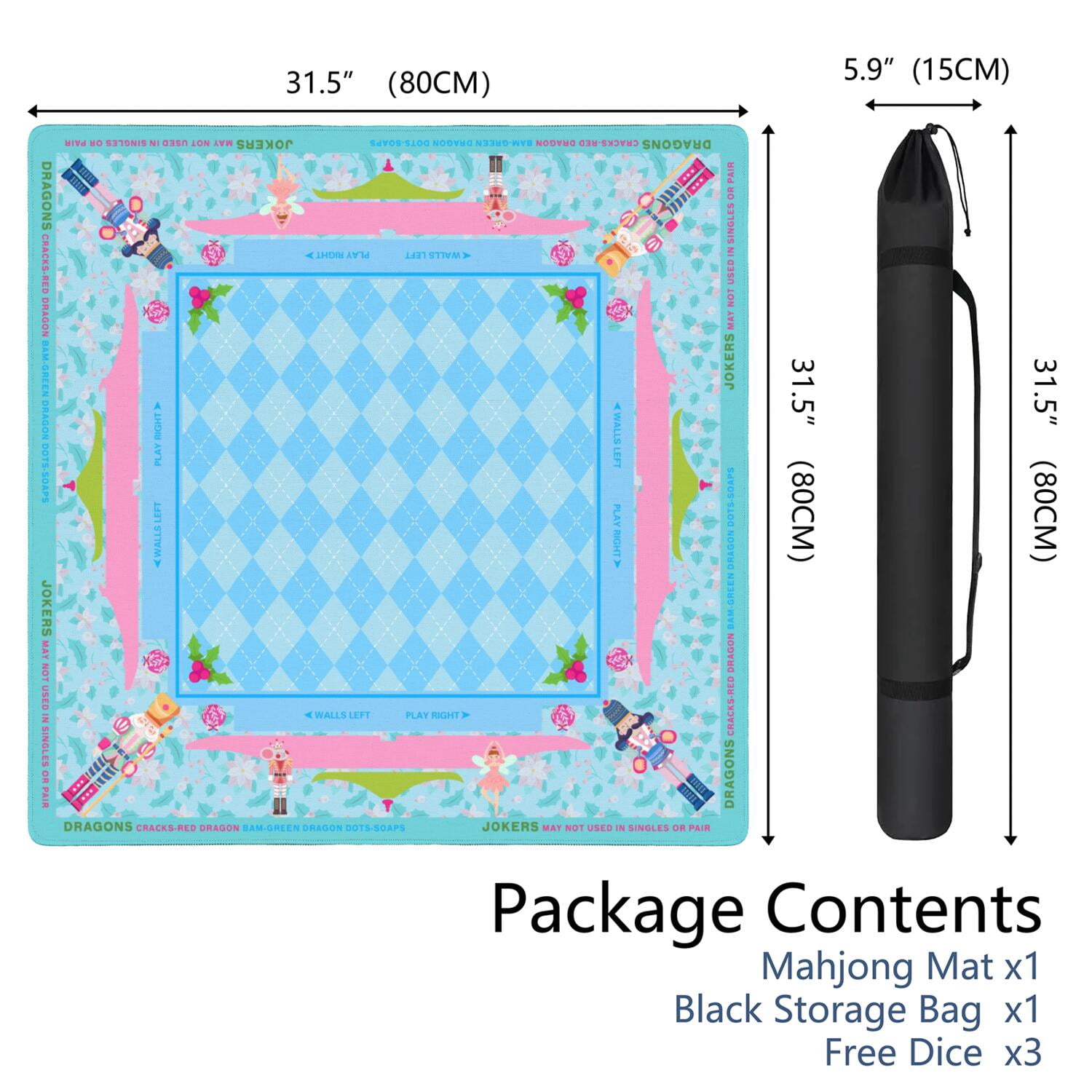 Blue Mahjong Mat for Table, 31.5*31.5in Anti Slip American Mahjong Table Cloth, Noise Reduction, Neoprene Mah jongg Mat with Carrying Bag & 3 Dices, Mahjong Accessories Gift for Board Tile Games Mats