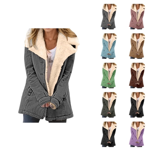 Winter Jackets for Women Long Sleeve Suede Notch Collar Lined Button Cardigan Coat Outerwear with Pockets