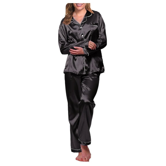 SNOWSONG Underwear for Women, Womens Silk Satin Pajamas Set Long Sleeve Button Down Sleepwear 2 Piece Lounge Set Pj Set M-5XL Black XL