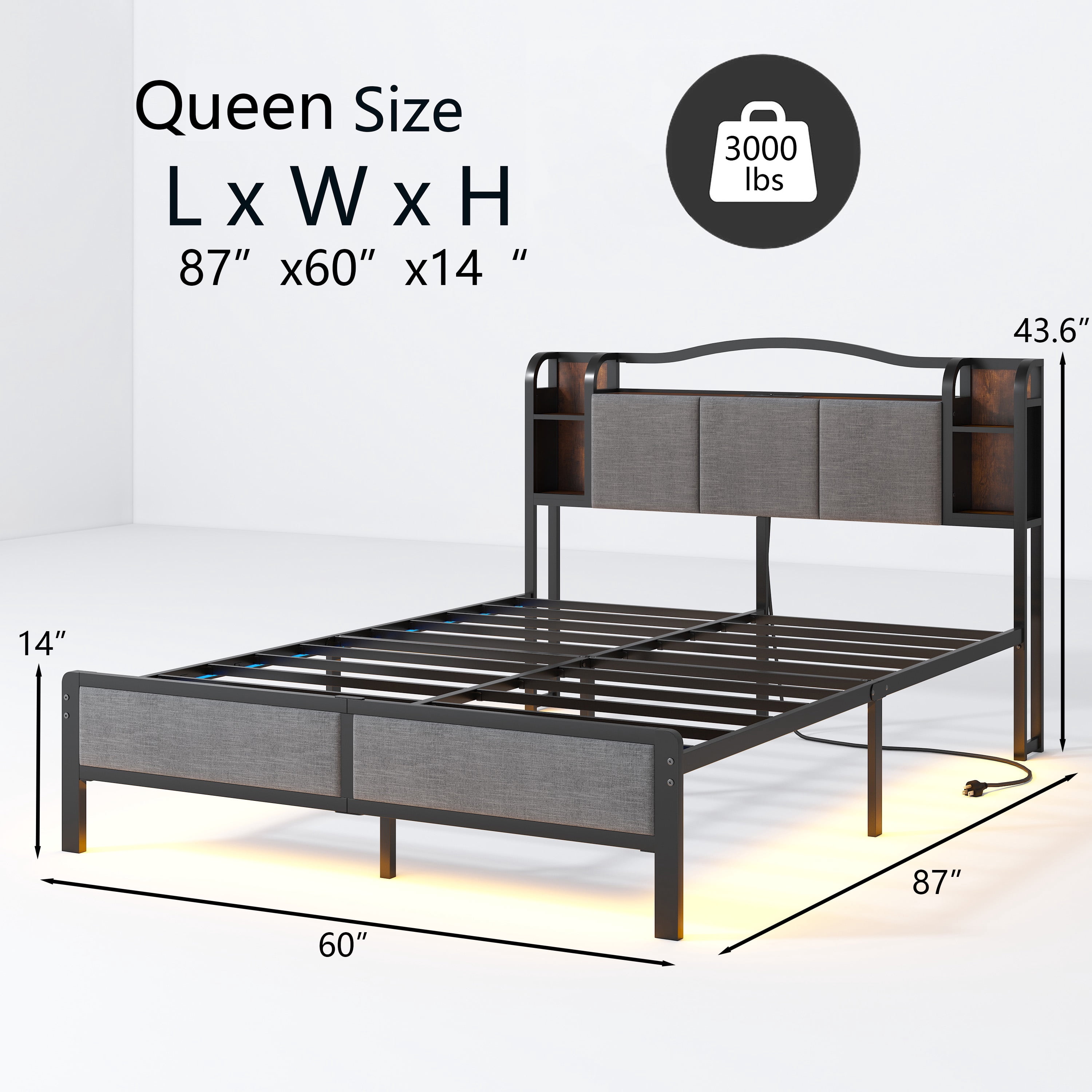 WANTAI Queen Upholstered Platform Bed Frame with LED Lights and Charging Station