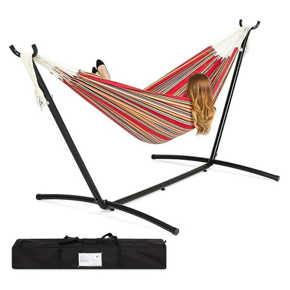 Hammock with Stand, Double Cotton Hammock - Red Stripes - Portable Outdoor Relaxing Swing - 450lbs Capacity - Beach, Patio, Backyard
