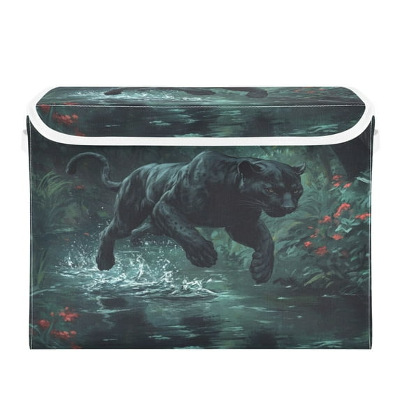 WOBOGO Black Panther Leaping over Water Large Collapsible Storage Box Flip Lid Fabric Decorative Organizer Container Basket with Handles 16.5×12.6×11.8in