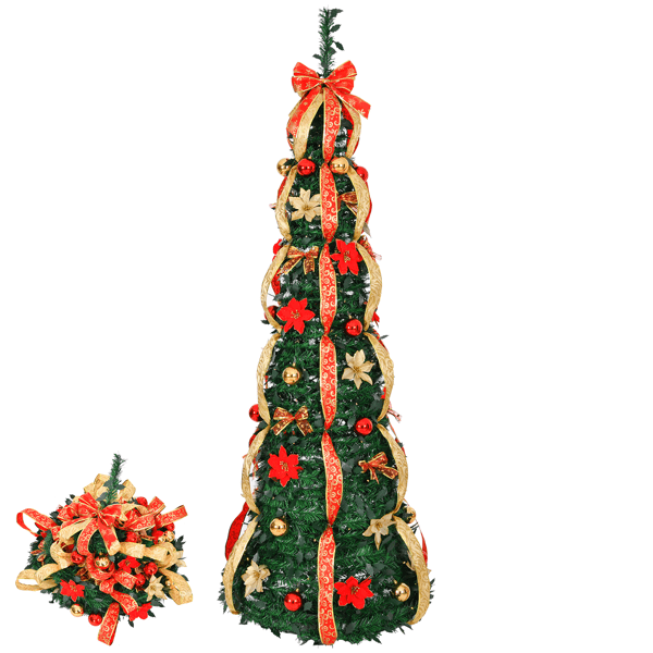 Alvantor 6 ft Fully Decorated Pre-Lit Pop-Up Christmas Tree with 150 Warm White LEDs, 8 Light Modes, Red and Gold Ornaments