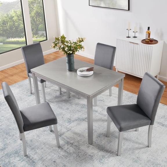 5 Piece Wooden Dining Table Set, Kitchen Table Set with a Rectangular Table and 4 Upholstered Chairs, Wooden Dining Room Table with Crystal Decoration and Chairs Set (Gray)