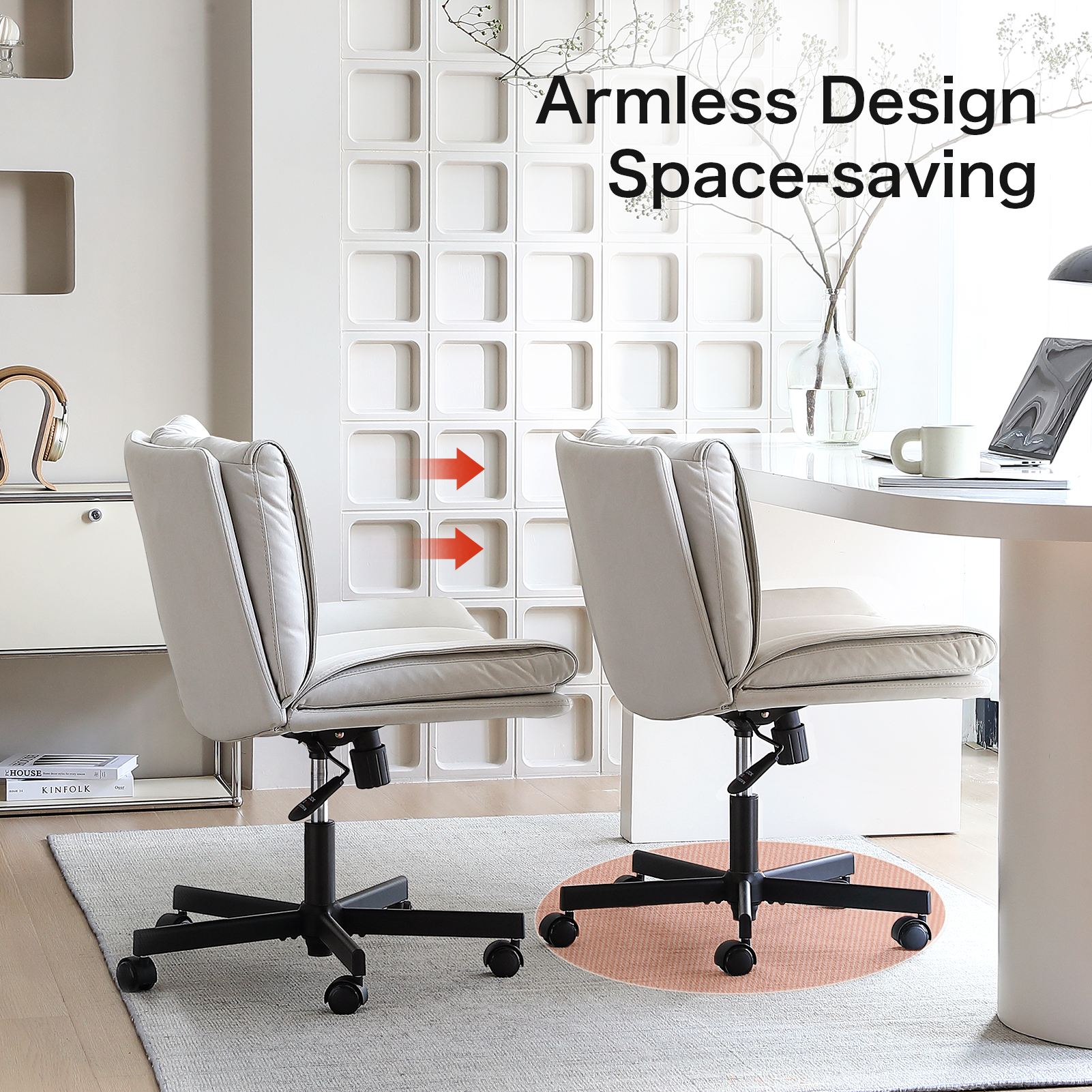 LEAGOO Armless Desk Chairs with Wheels Office Chair Vanity Chair with Technical Cloth Adjustable Swivel Computer Task Chairs for Home Base, Bedroom, Small Space, Make up,Off-white