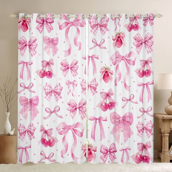 Erosebridal Bow Strawberry Cherry Black Out Curtains for Girls Women, Grid Buffalo Bowknot Curtains Pack of 2 (42x63 Each)